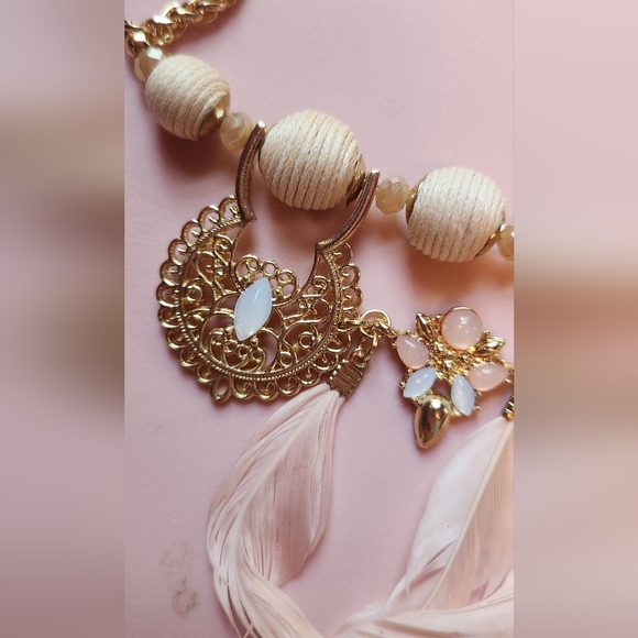 Pink Feather Gem Statement Necklace *S71 - Picture 3 of 6